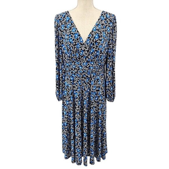 Eliza J Floral Print Crossover Front Fit & Flare Dress Black & Blue Women's 12 - Picture 1 of 10